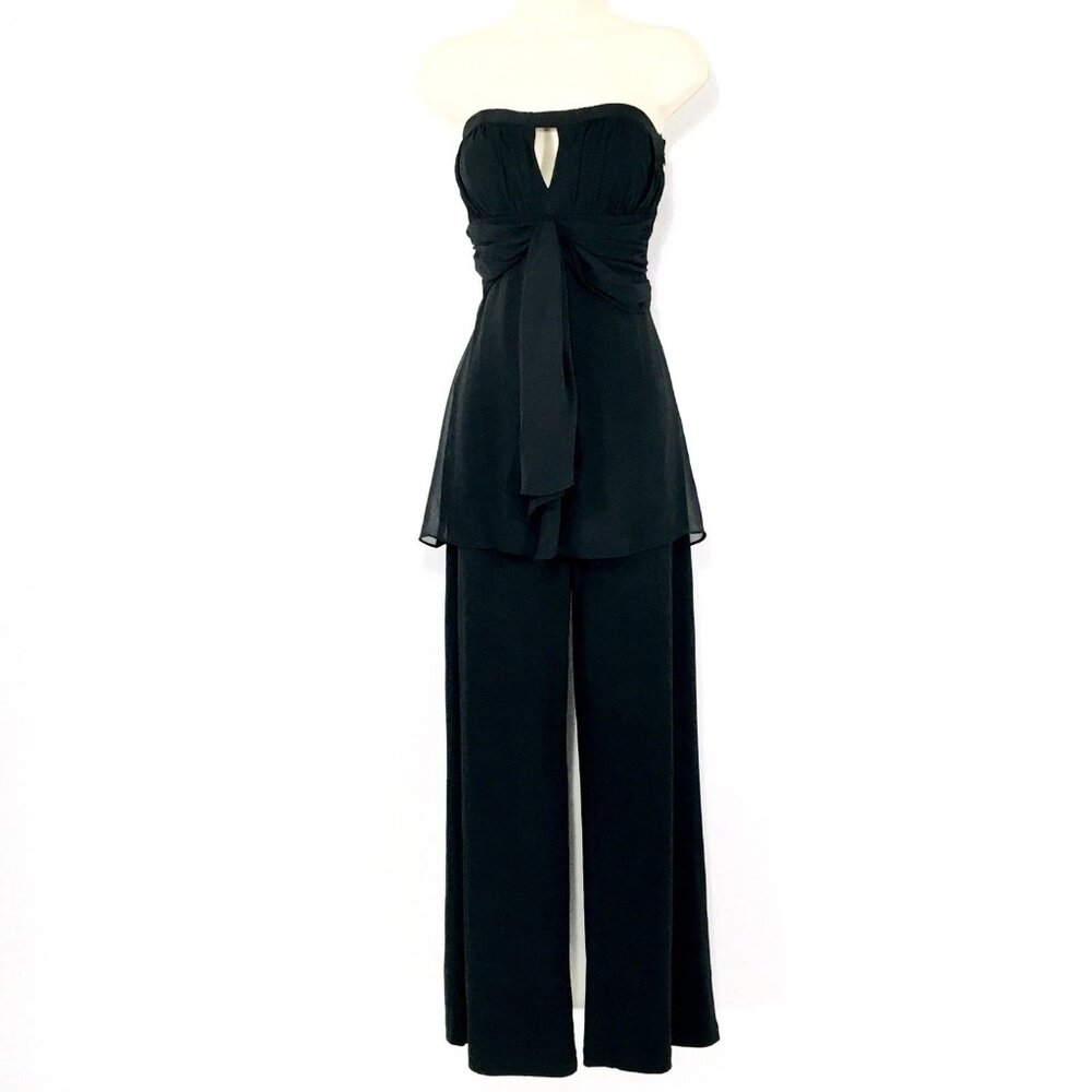 White House Black Market Sz 6 Strapless Wide Leg Jumpsuit Ruched Tie Chiffon Top